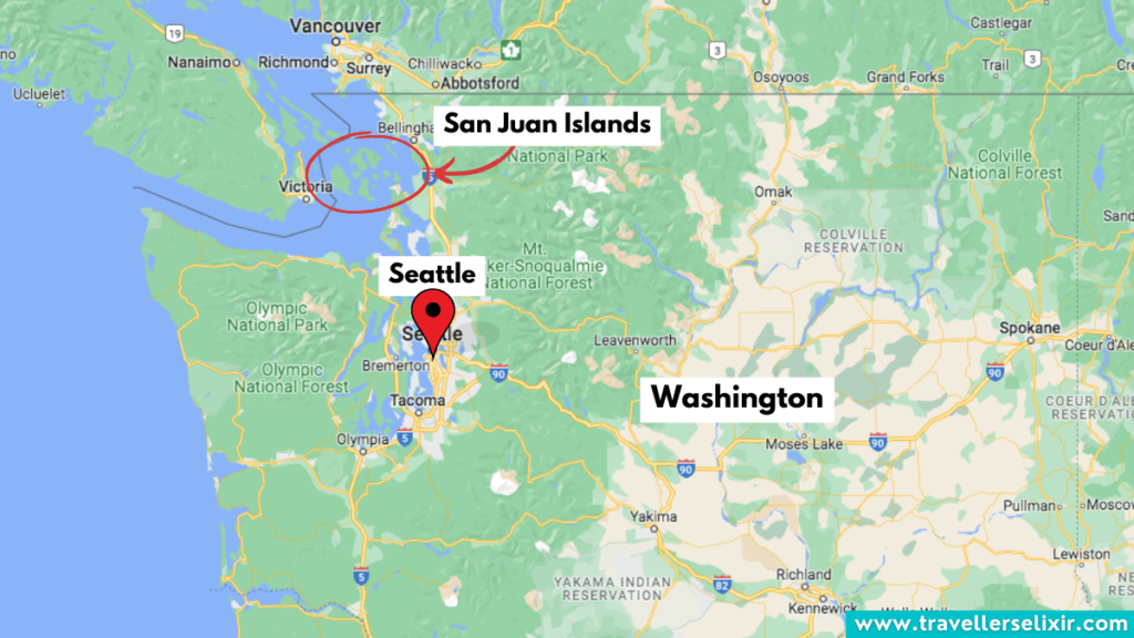 Map of Washington state showing location of San Juan Islands.