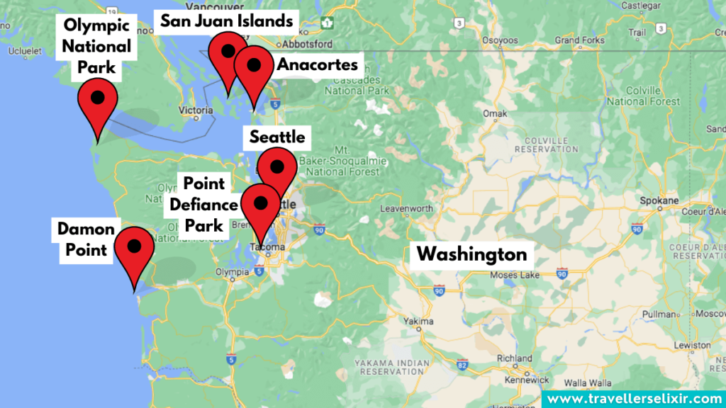 Map of Washington showing where to see whales.