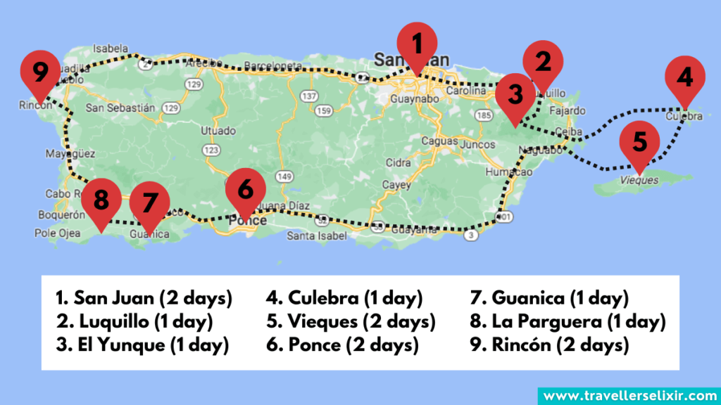2 week itinerary map for Puerto Rico.