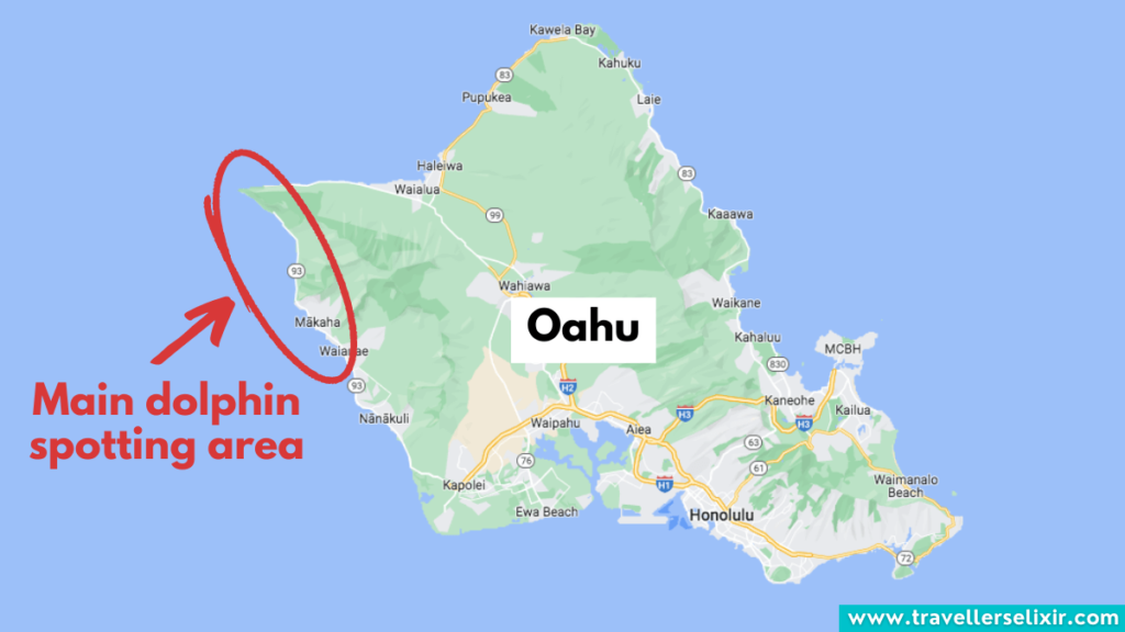 Map of Oahu showing where dolphins can be found.