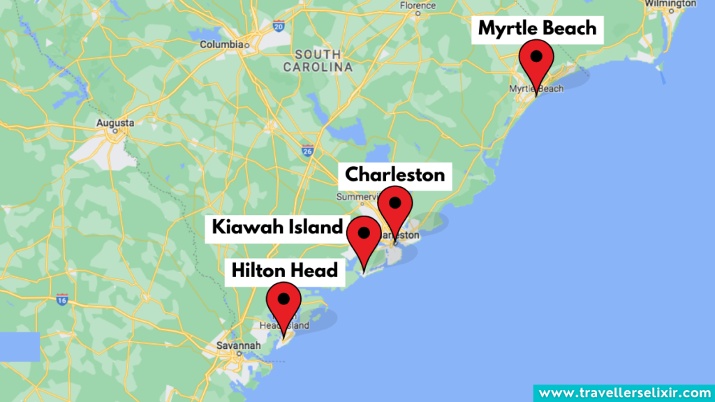 Map showing where to see dolphins in South Carolina.