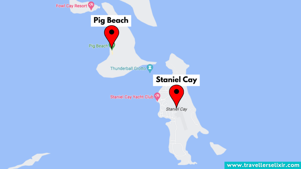Map showing the location of Staniel Cay and Pig Beach in Exuma.