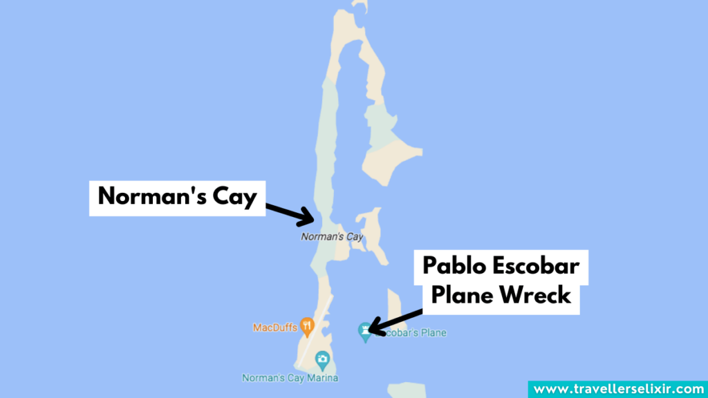 Map showing Norman's Cay & the Pablo Escobar Plane Wreck.