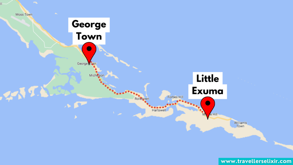 Map showing route from George Town to Little Exuma.