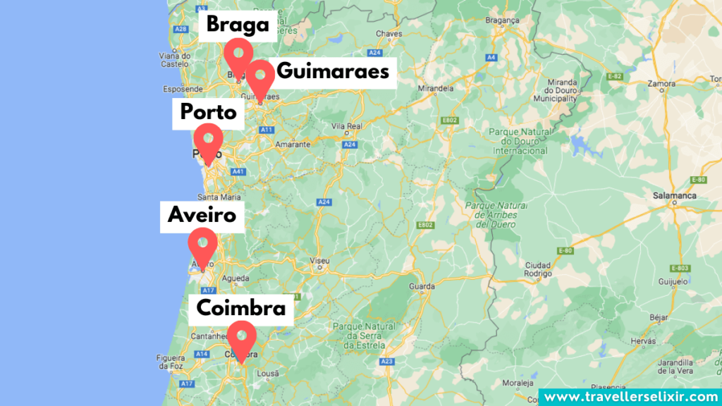 Map of northern Portugal showing the closest day trips to Porto.