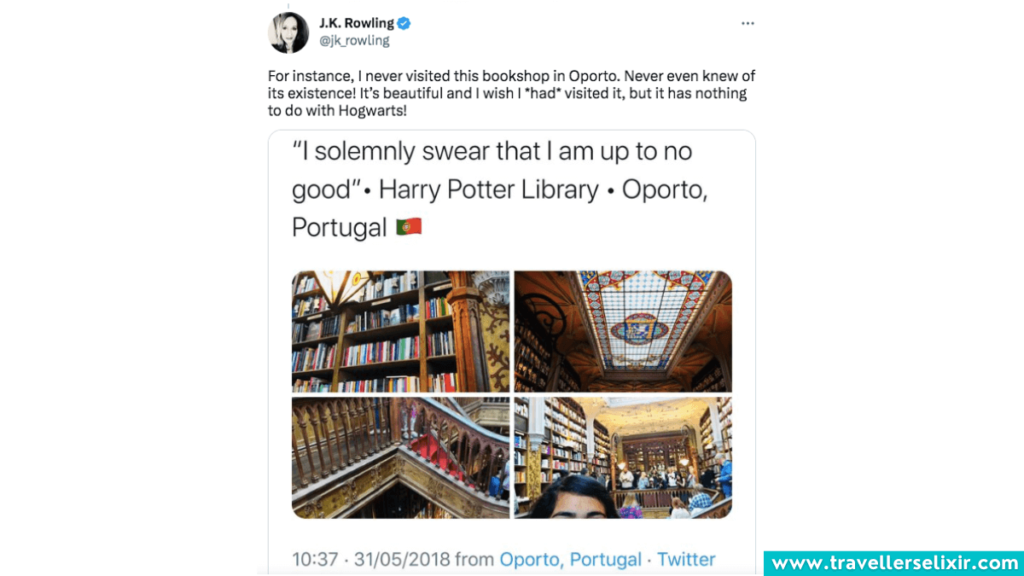 Screenshot of the tweet that J.K. Rowling posted saying she never visited Livraria Lello.