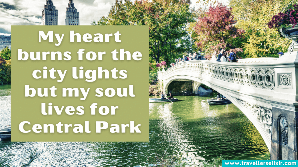 Cute Central Park caption for instagram - My heart burns for the city lights but my soul lives for Central Park