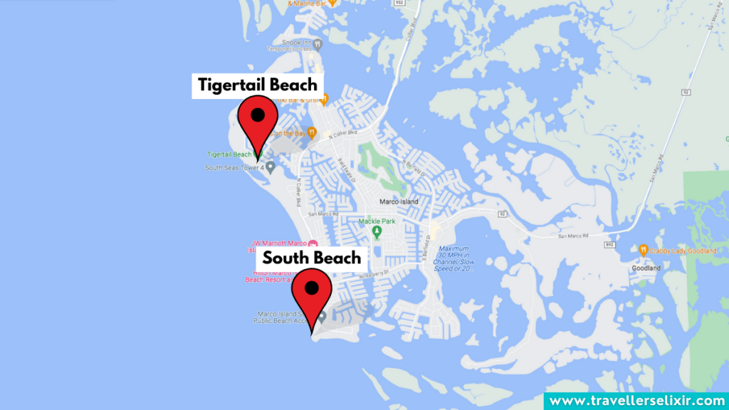 Map of Marco Island showing location of Tigertail Beach and South Beach