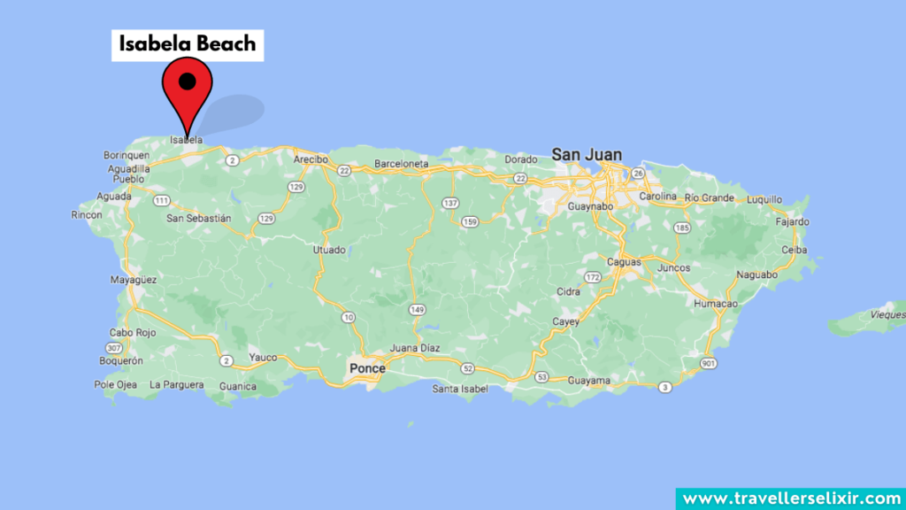 Map of Puerto Rico showing location of Isabela Beach.