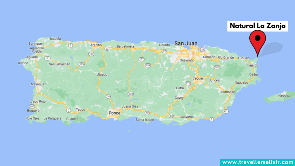 Map of Puerto Rico showing location of Natural La Zanja.