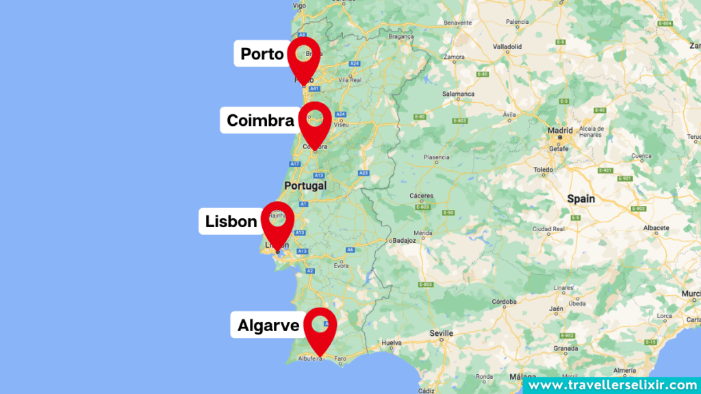 Map of Portugal showing location of Coimbra and other major cities.