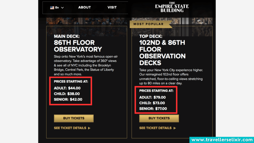 Empire State Building ticket prices. Screenshot taken from official website.