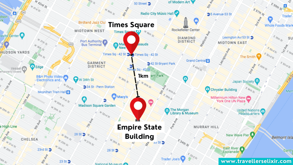 Map of Manhattan showing distance between Times Square and the Empire State Building.