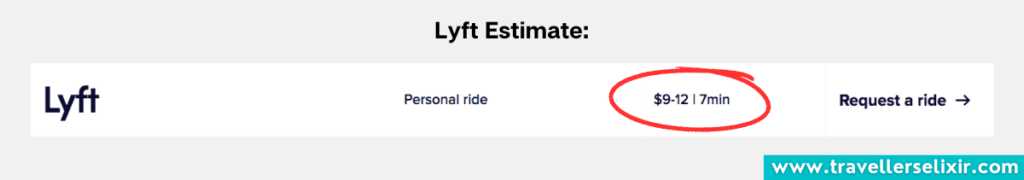 Screenshot from Lyft website showing price estimate.