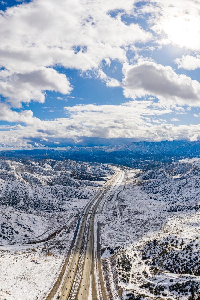 California Grapevine and Interstate 5 Freeway in Snow
