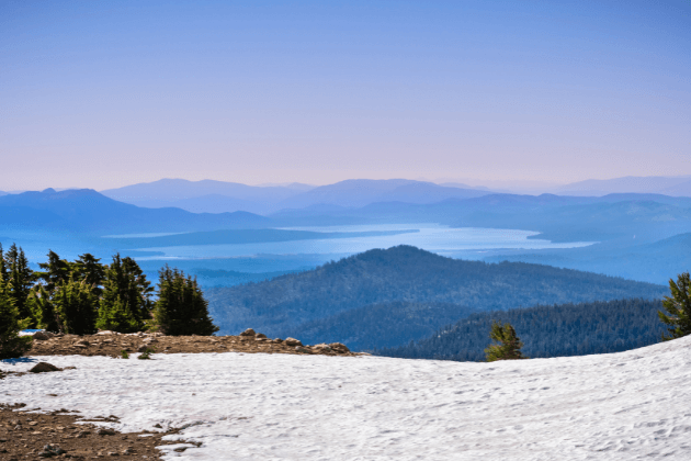 View towards Almanor Lake from the trail to Lassen Peak, Lassen Volcanic National Park, Northern California