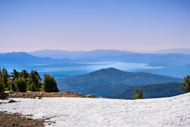 View towards Almanor Lake from the trail to Lassen Peak, Lassen Volcanic National Park, Northern California View towards Almanor Lake from the trail to Lassen Peak, Lassen Volcanic National Park, Northern California