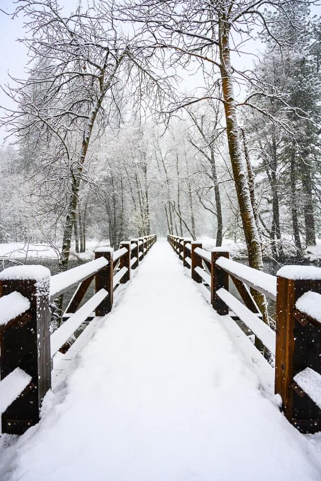 snowy bridge in yosemite national park in winter 