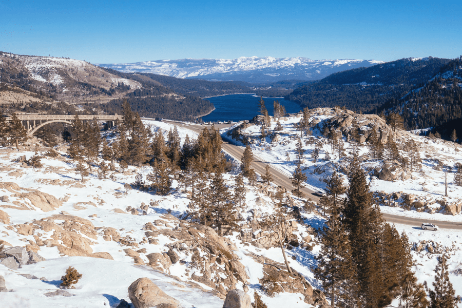donner pass and donner lake in snow near truckee