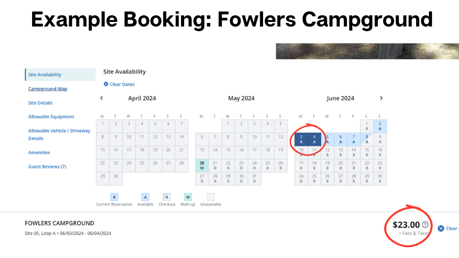 example booking fowlers campground