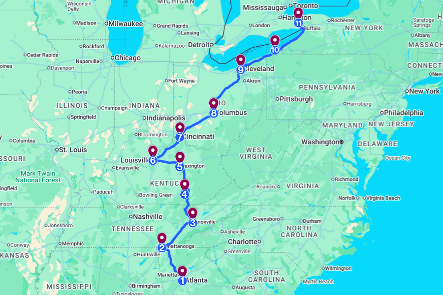 atlanta to niagara falls road trip map