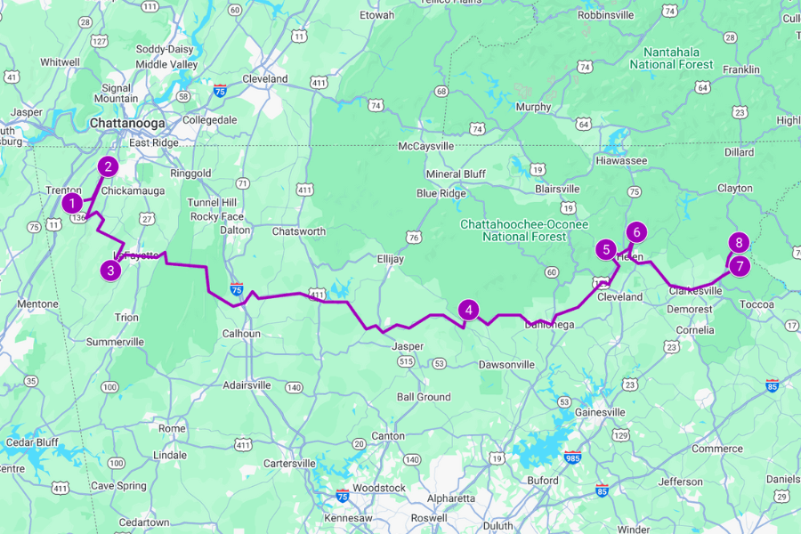 georgia caves and waterfalls road trip map graphic