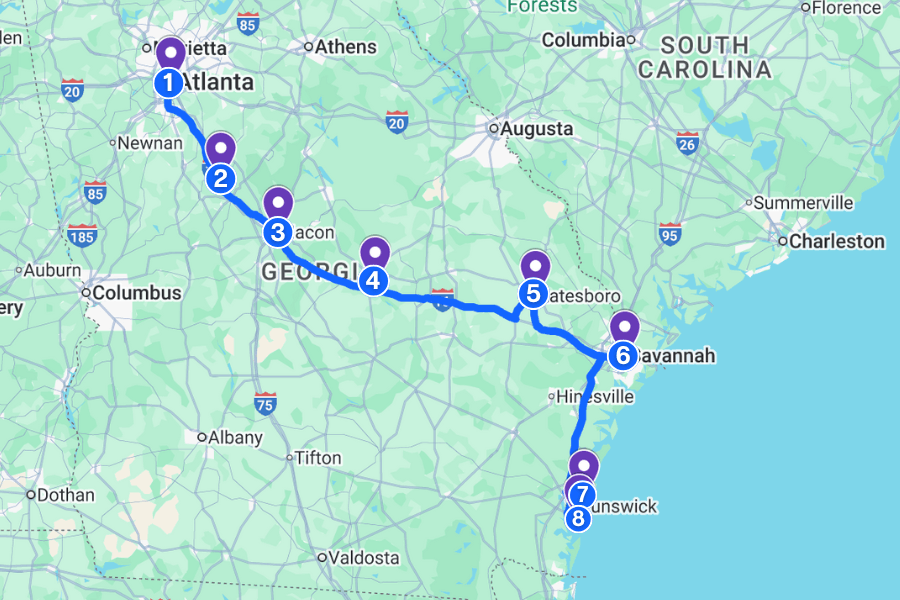 atlanta to jekyll island road trip map graphic